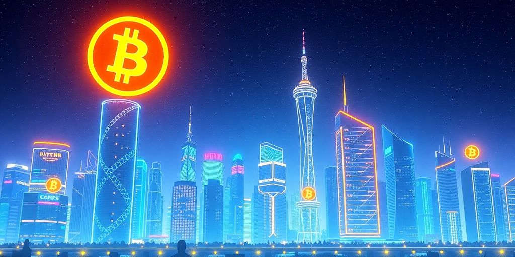 Futuristische Stadt mit Bitcoin-Symbolen in der Architektur.
