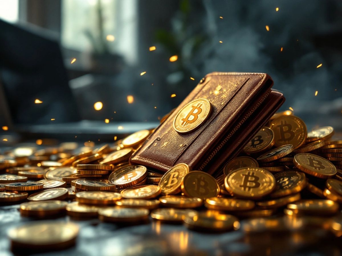 Bitcoin Münzen in digitaler Brieftasche vor dunklem Hintergrund.