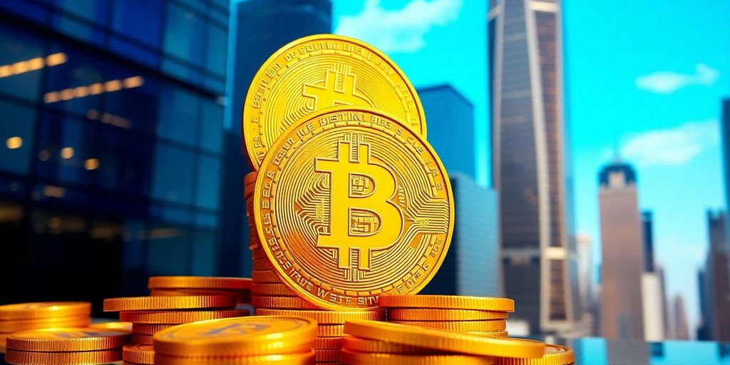 Haufen Bitcoin-Münzen vor einer großen Stadtlandschaft.