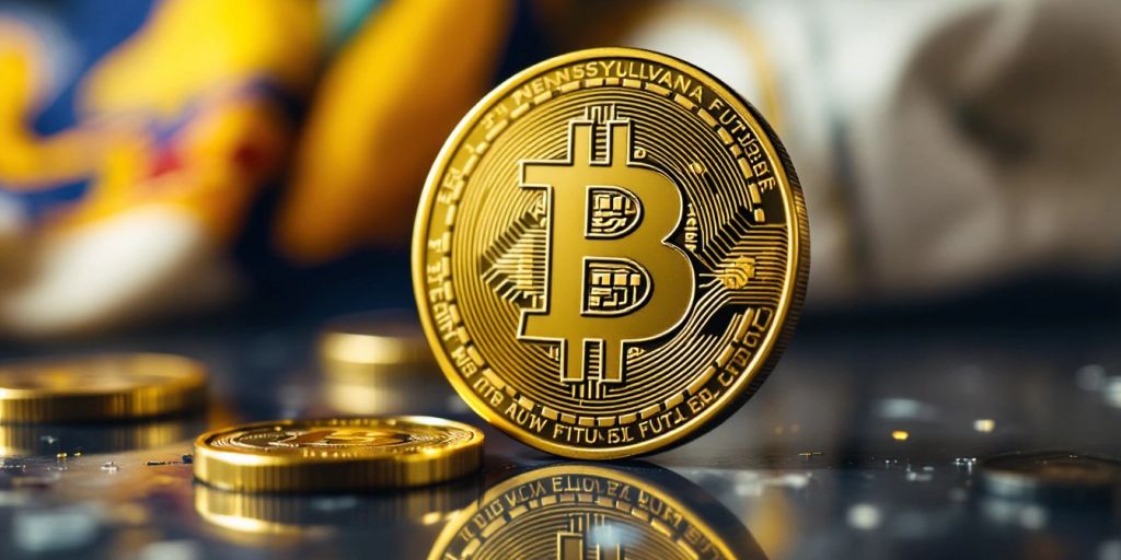Ein Bitcoin auf einem reflektierenden Hintergrund.