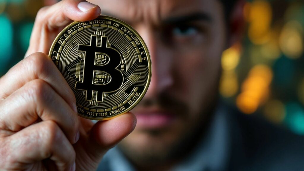 Person mit Bitcoin und besorgtem Gesichtsausdruck.