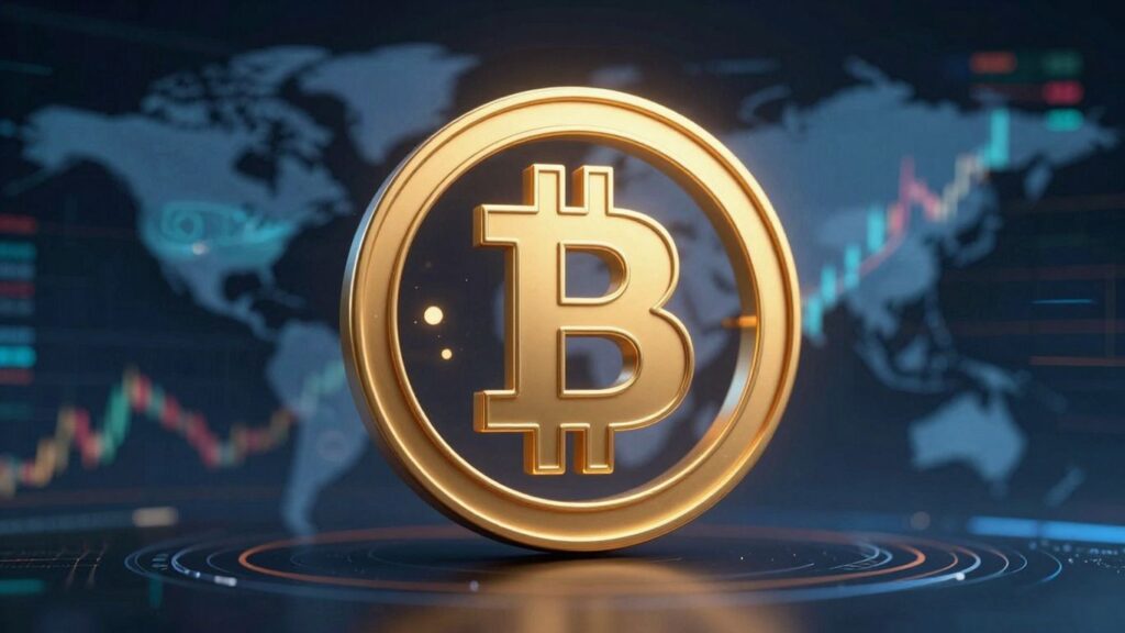 Bitcoin Logo mit globalen Finanz- und politischen Symbolen