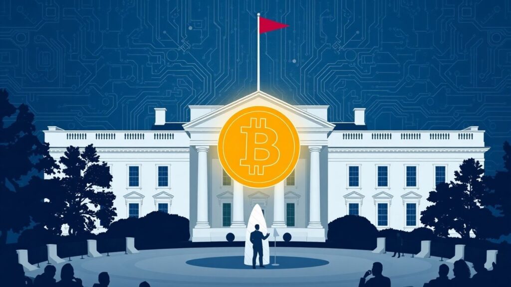 Weißes Haus und Bitcoin-Symbol im Fokus.