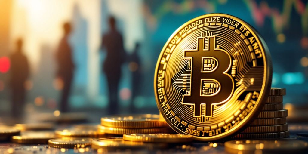 Nahaufnahme von Bitcoin-Münzen mit goldenem Glanz.