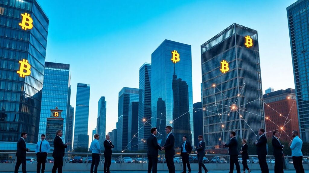 Geschäftsleute vor moderner Skyline mit Bitcoin-Logos