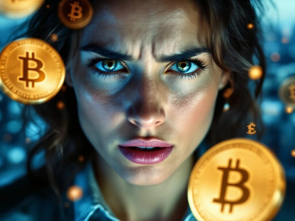Frau mit besorgtem Gesichtsausdruck und Bitcoin-Münzen.