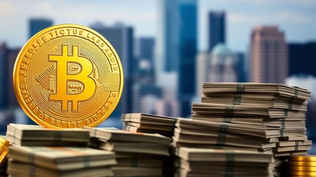 Goldener Bitcoin mit Geldstapeln und Stadtbild