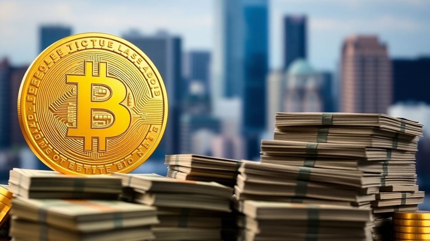 Goldener Bitcoin mit Geldstapeln und Stadtbild