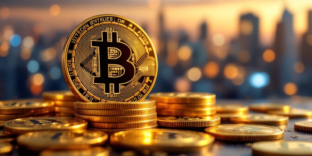 Großer Stapel goldener Bitcoins mit Stadtansicht.