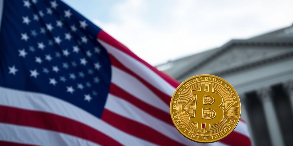 Amerikanische Flagge neben Bitcoin-Symbol.