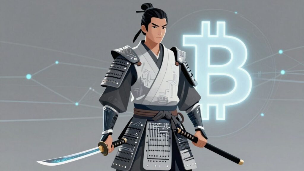 Samurai mit Bitcoin-Symbol und digitalen Linien