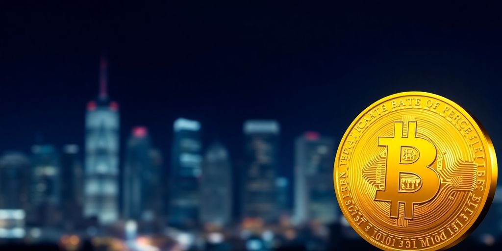 Goldene Bitcoin-Münze vor einer verschwommenen Stadtsilhouette.