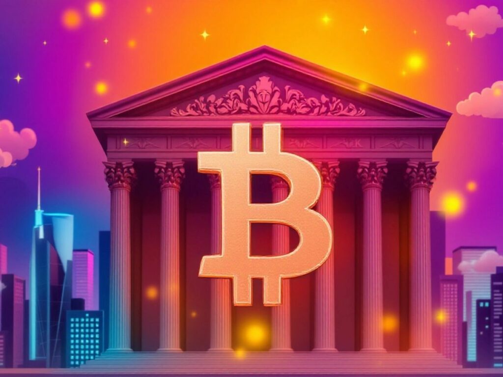 Zentralbank Gebäude mit Bitcoin-Symbol Überlagerung.