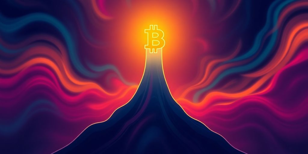 Aufwärtstrend mit Bitcoin-Symbol und buntem Hintergrund.