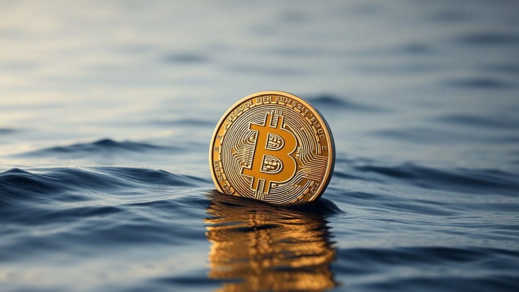 Bitcoin-Münze auf ruhiger See, Ausbruch erwartet.