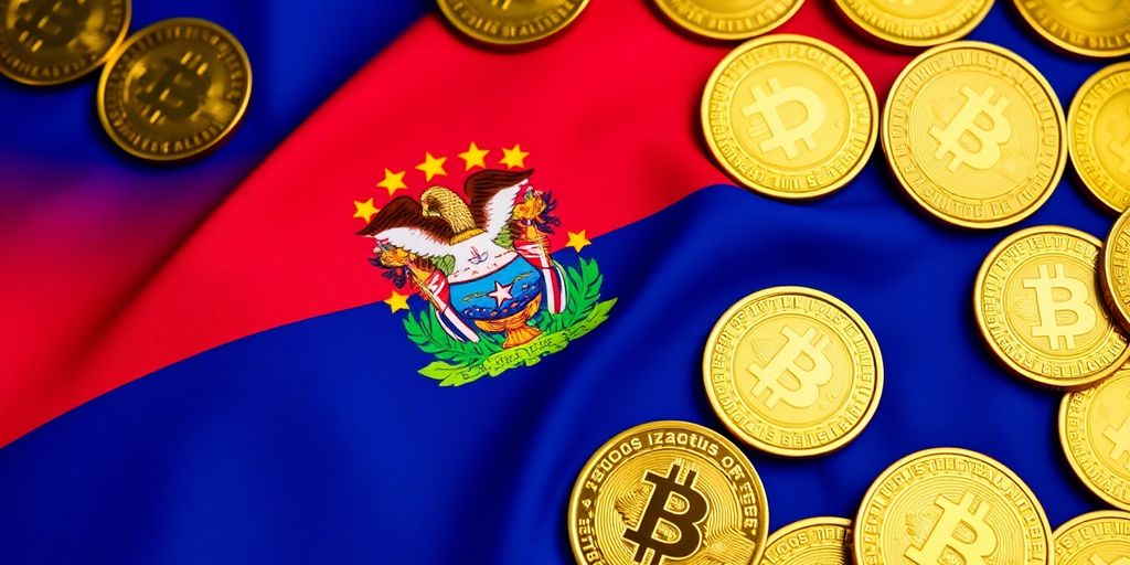El Salvador flag with Bitcoin coins in the background.