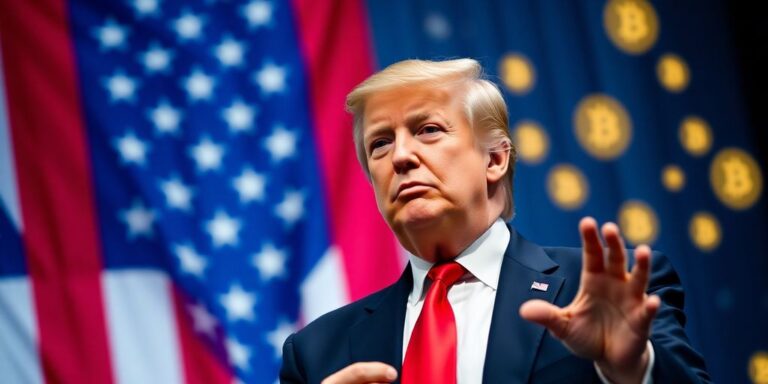 Trump vor der amerikanischen Flagge mit Bitcoin-Logos
