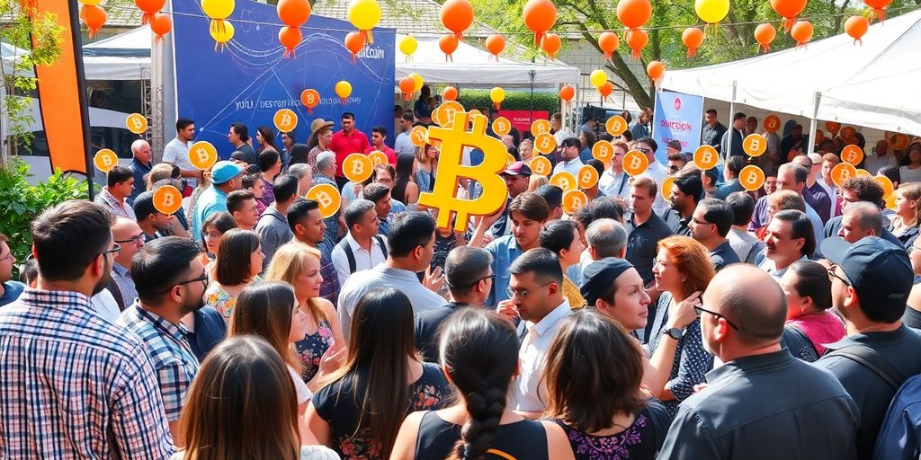 Diverse Menschen feiern Bitcoin im Freien.
