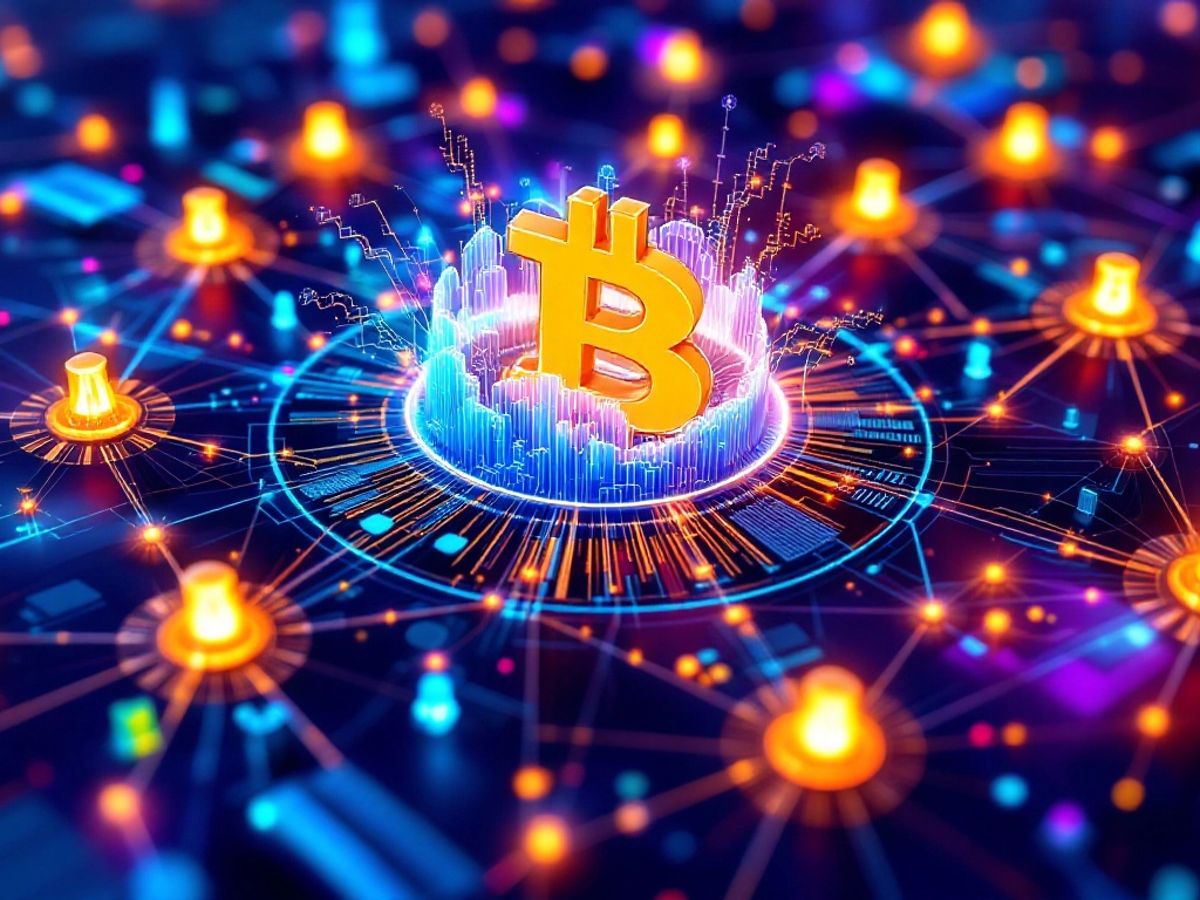 Dezentralisierte Bitcoin-Mining-Netzwerk mit Minern und Knoten.