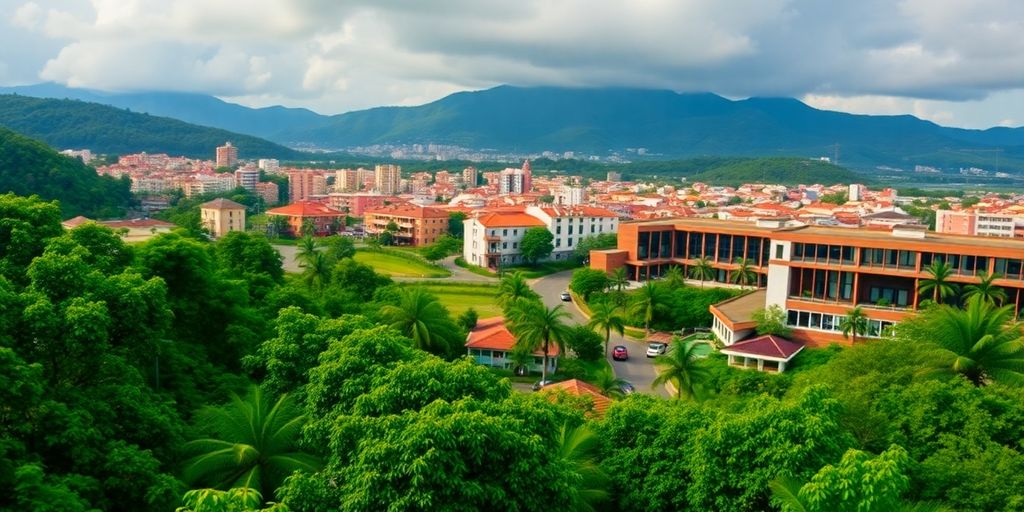 Landschaft von El Salvador mit moderner Architektur.