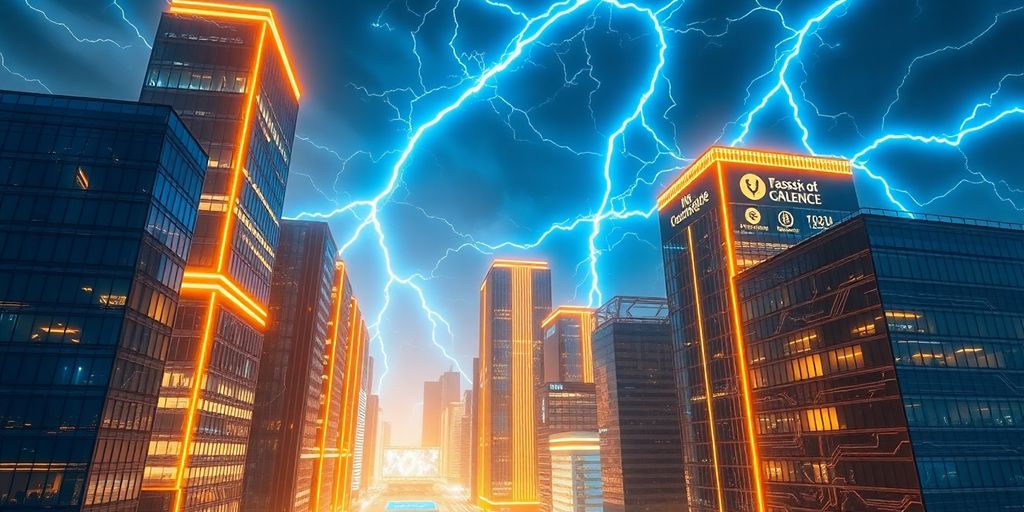 Futuristic vibrant cityscape with neon lightning, circuitry, and modern architecture.