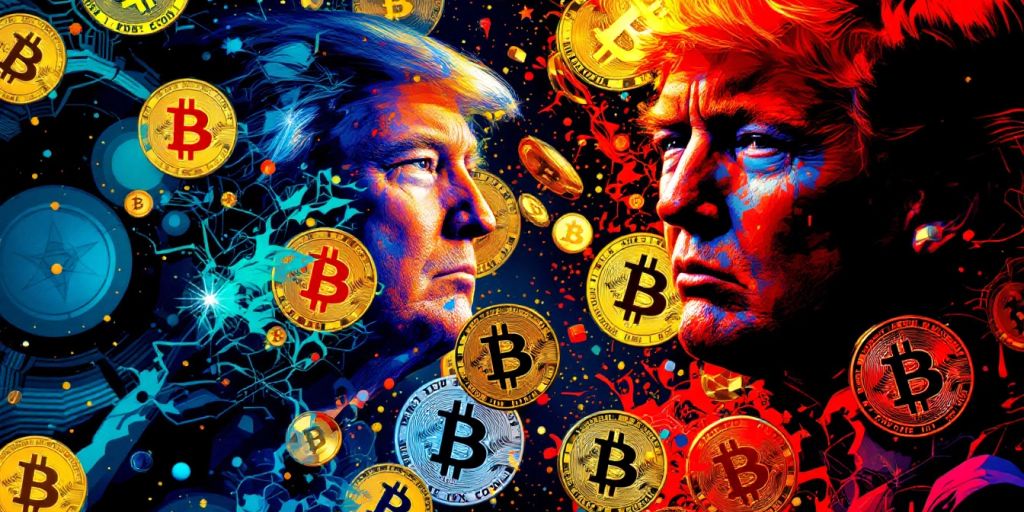 Bitcoin-Münzen und Wahl-Symbole von Trump und Harris.