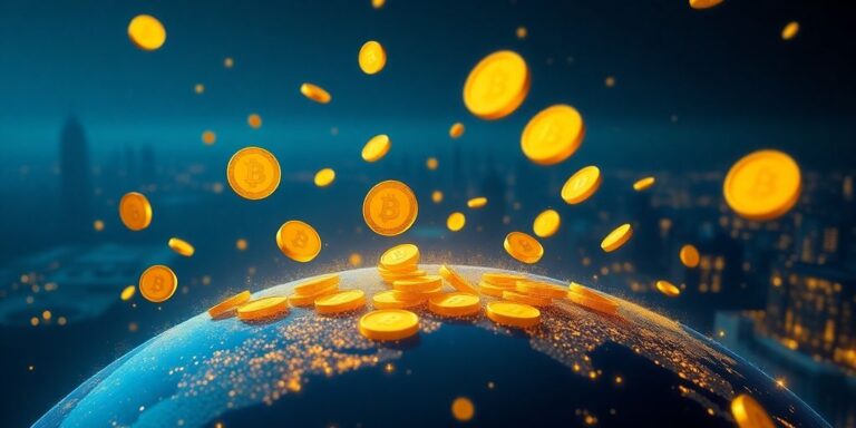Bitcoin-Münzen, Weltkarte, politische Gebäude
