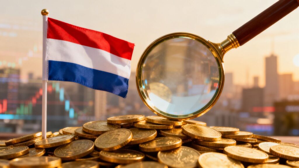 Niederländische Flagge und Goldmünzen mit Lupe.
