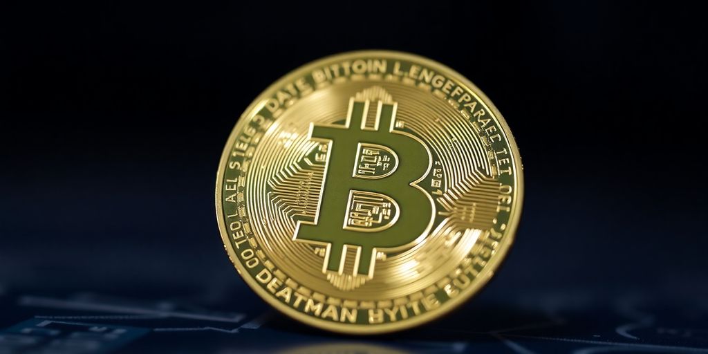 Nahaufnahme einer Bitcoin-Münze auf dunklem Hintergrund.