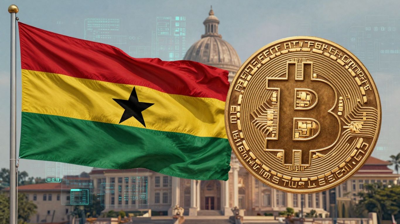 Ghanaische Flagge neben Bitcoin-Symbol, digitale Vermögenswerte.