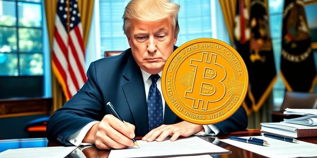 Trump unterschreibt Bitcoin-executive order im Büro.