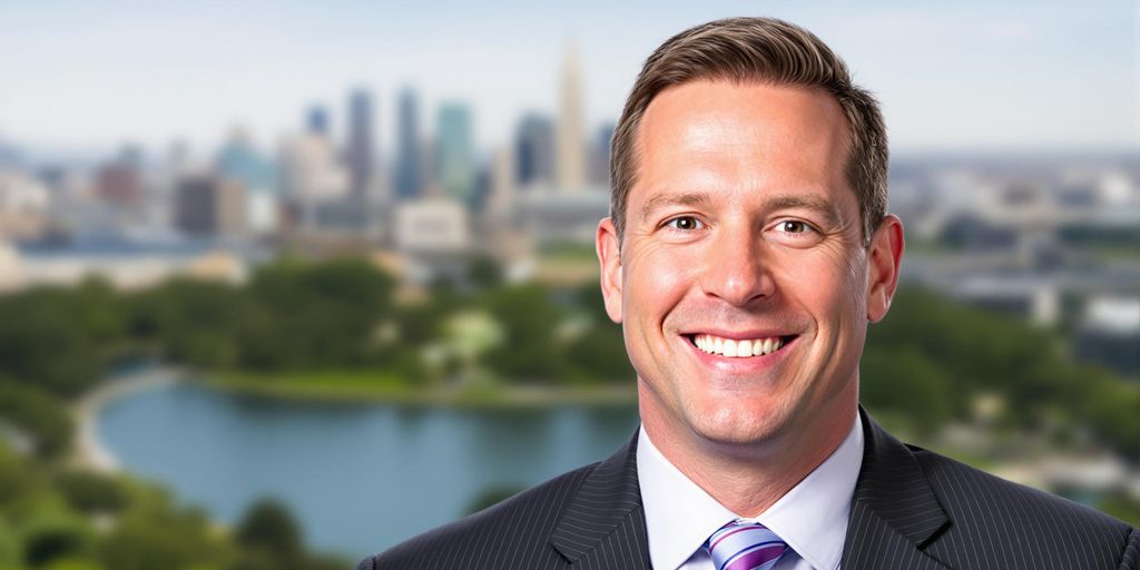 Scott Bessent lächelt in einem Anzug vor Skyline.