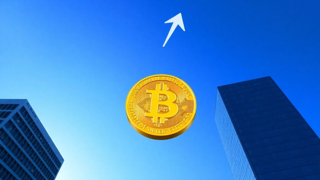 Bitcoin-Münze mit Aufwärtspfeil und Bankgebäuden
