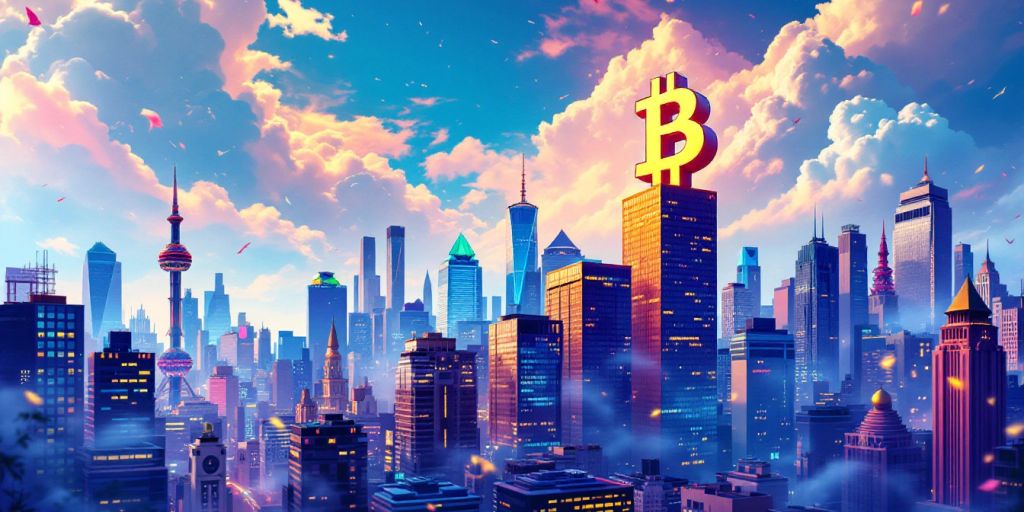 Bitcoin Symbol vor Stadtlandschaft mit dynamischen Farben