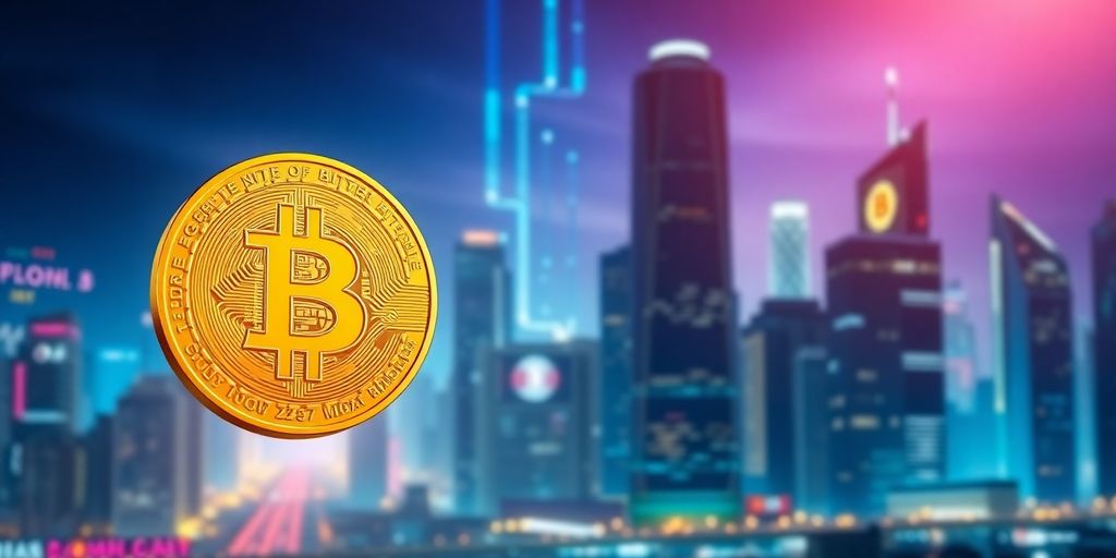 Bitcoin-Münze vor futuristischem Stadtbild bei Sonnenuntergang.