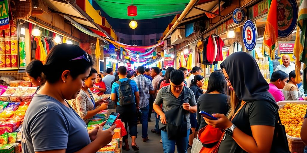 Marktszene in El Salvador mit Bitcoin-Zahlungen.