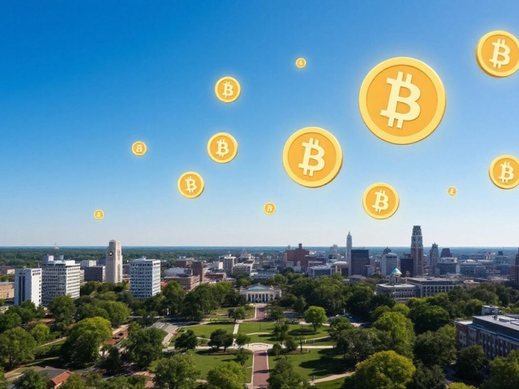 Emory University Campus mit Bitcoin-Symbolen in der Landschaft.