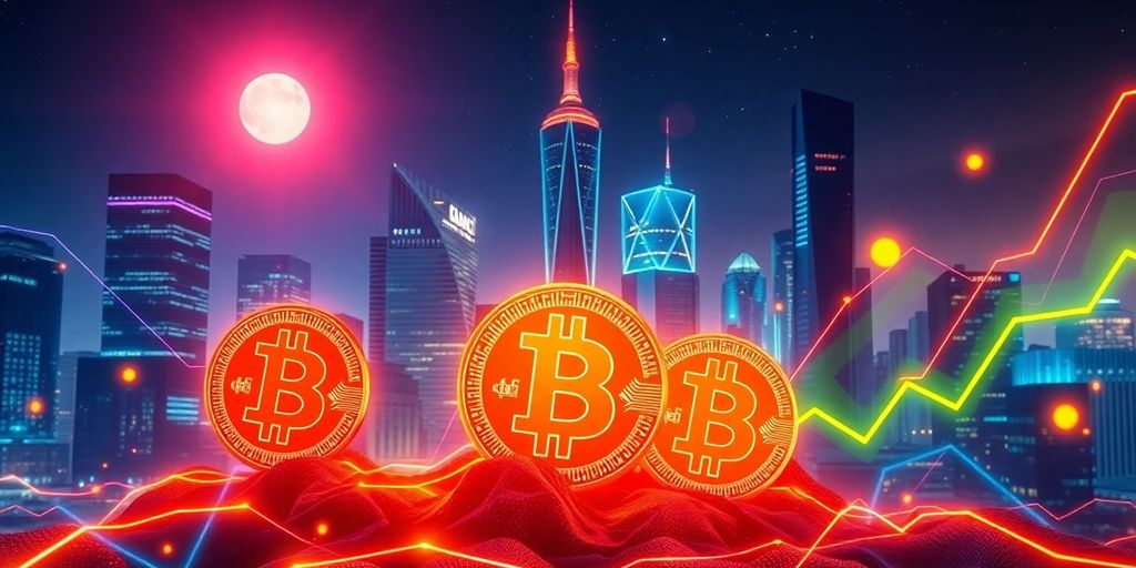 Futuristic digital currency landscape with Bitcoin symbols.