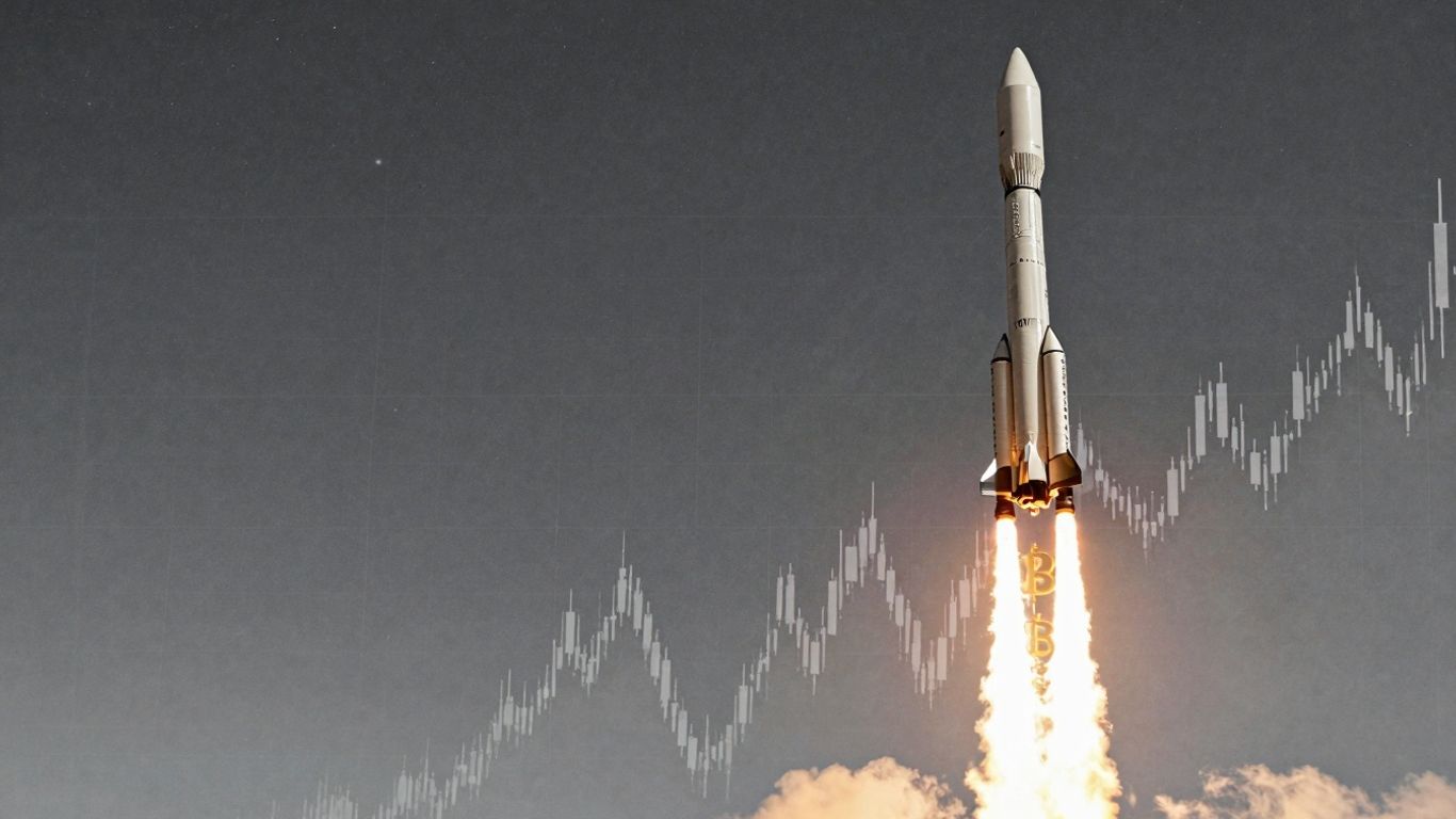 SpaceX Rakete mit Bitcoin-Symbolen im Weltraum.