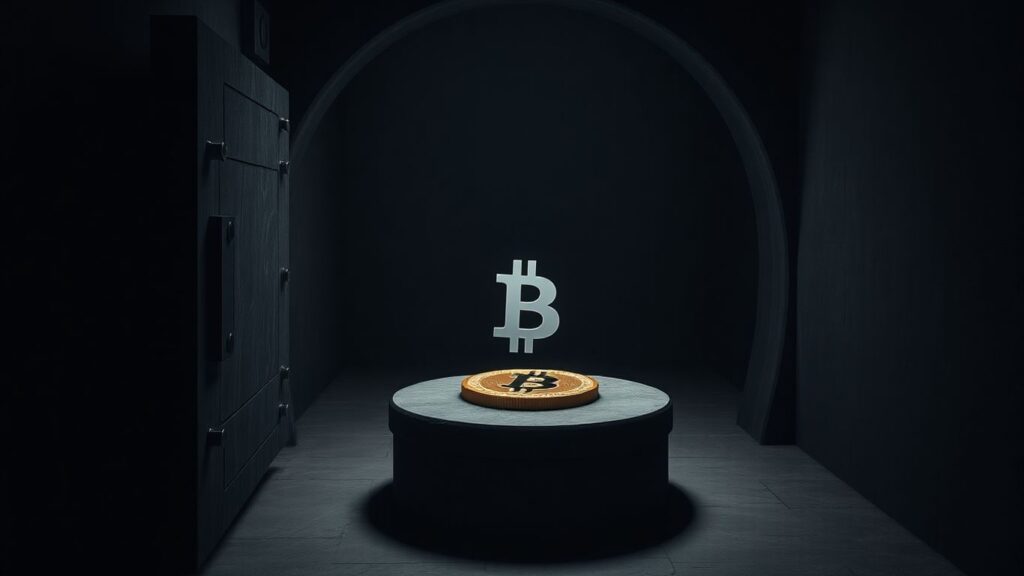 Bitcoin-Münze in leerem Tresor