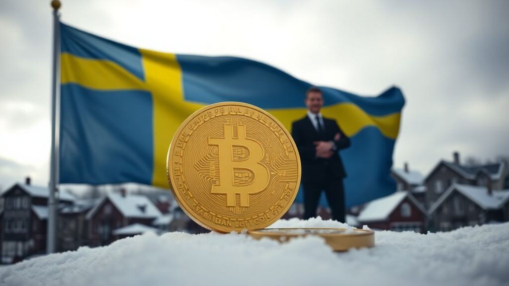 Bitcoin und schwedische Flagge vor nordischer Landschaft