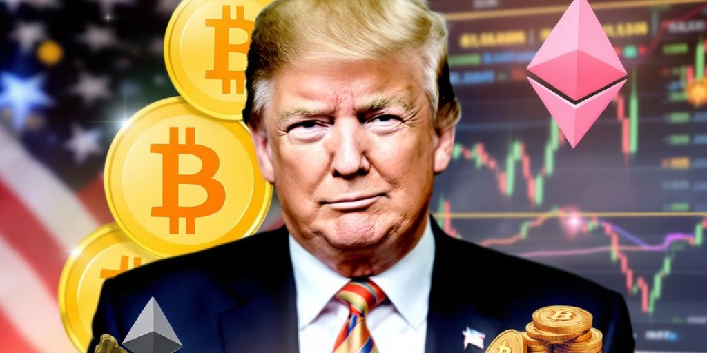 Trump mit Krypto-Symbolen und Börsen-Interface.