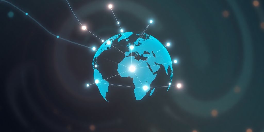 Globale Karten mit leuchtenden Bitcoin-Punkten.