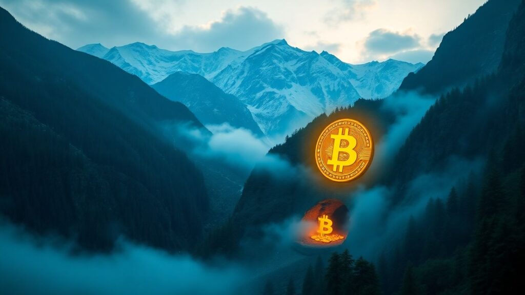 Goldene Bitcoins unter Himalaya-Bergen mit geheimnisvoller Mine