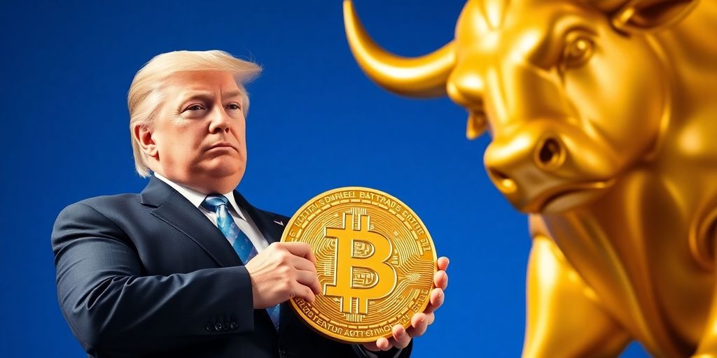Trump, Bitcoin-Münzen, goldene Bullenstatue.