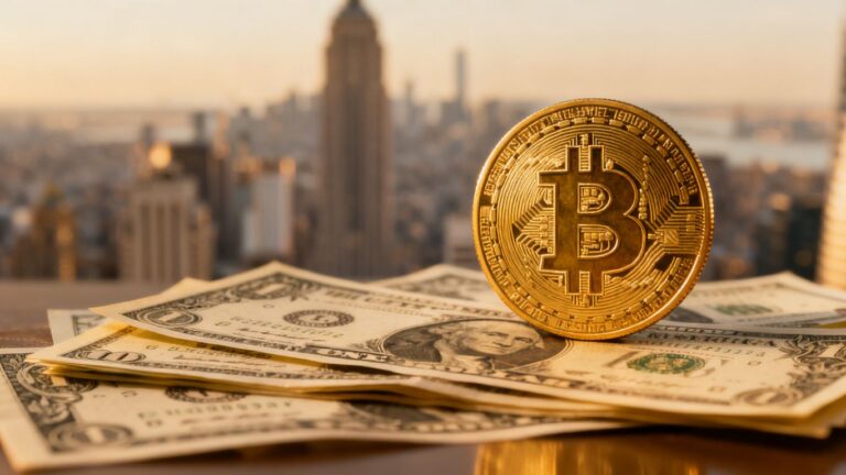 Goldener Bitcoin auf Dollar-Scheinen