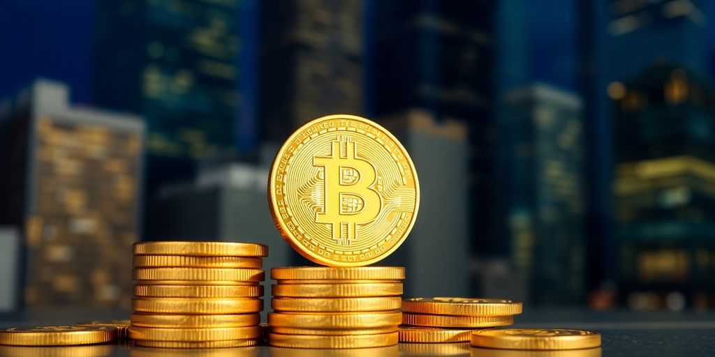Bitcoin-Kryptowährung auf einem Haufen Münzen.