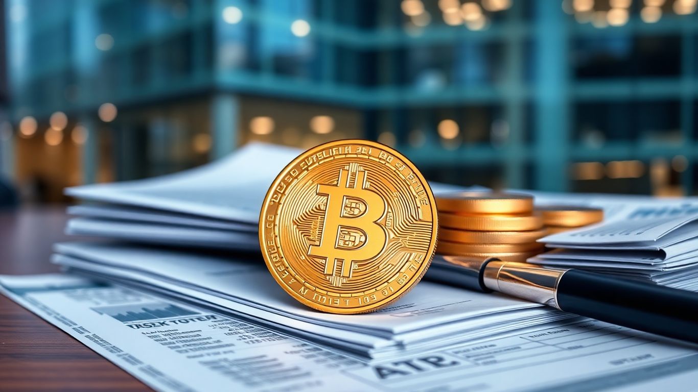 Bitcoin Münze auf Finanzdokumenten, institutionelle Investition.