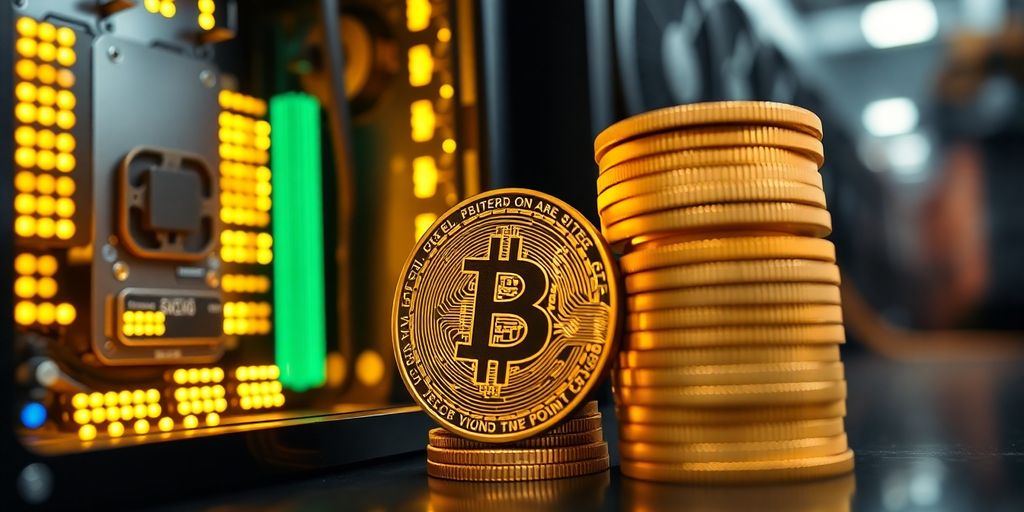 Bitcoin-Münzen, Mining-Rig, Computerchips, helle Lichter