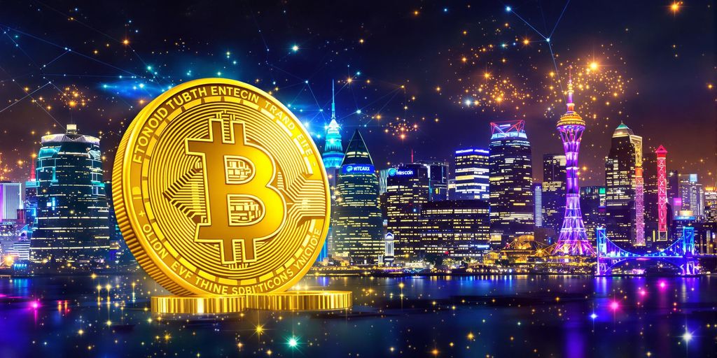 Golden Bitcoin in a lively city at night.